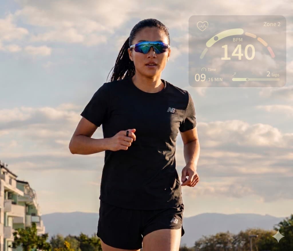 A running scene with smart glasses displaying heart rate and workout data on the lens