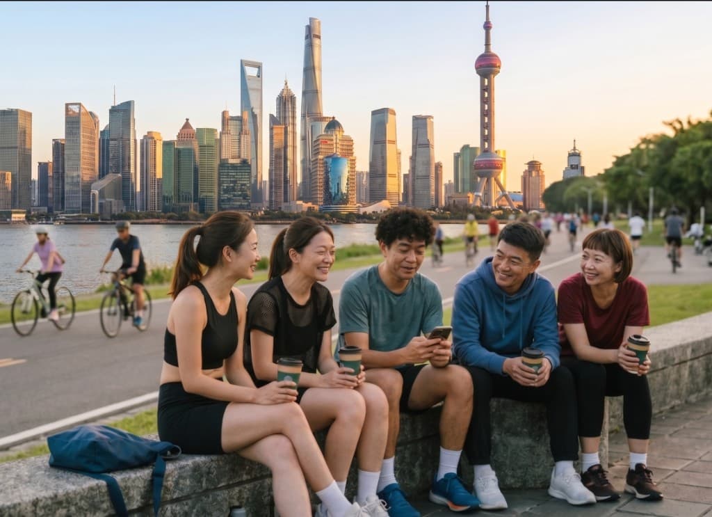 Friends gathering by the river after exercise, conveying recognition and supportive community