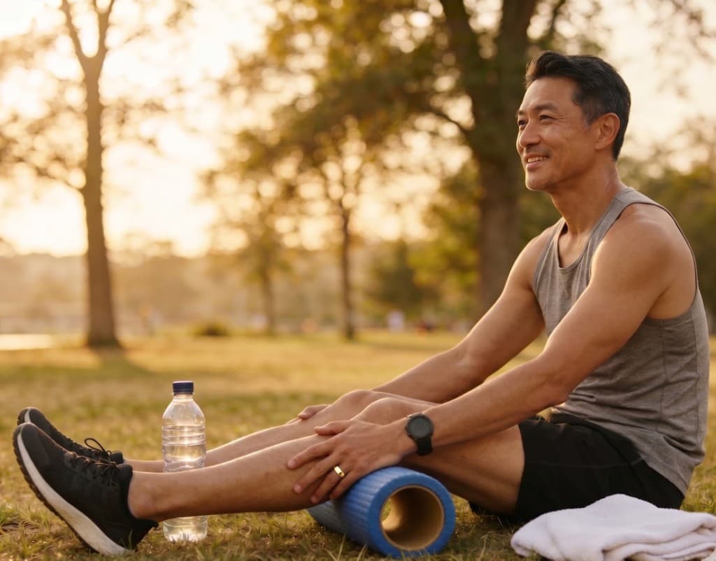 A man relaxing and stretching on park grass after exercise, conveying quiet recovery and unobtrusive care