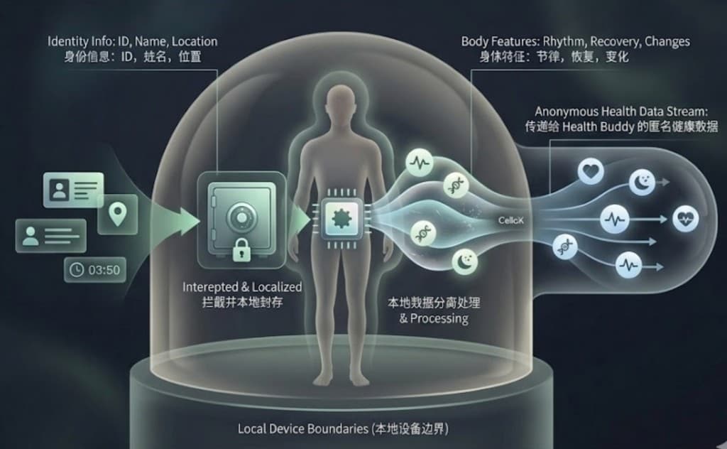Local device boundary diagram showing identity data sealed locally and anonymous health features passed onward